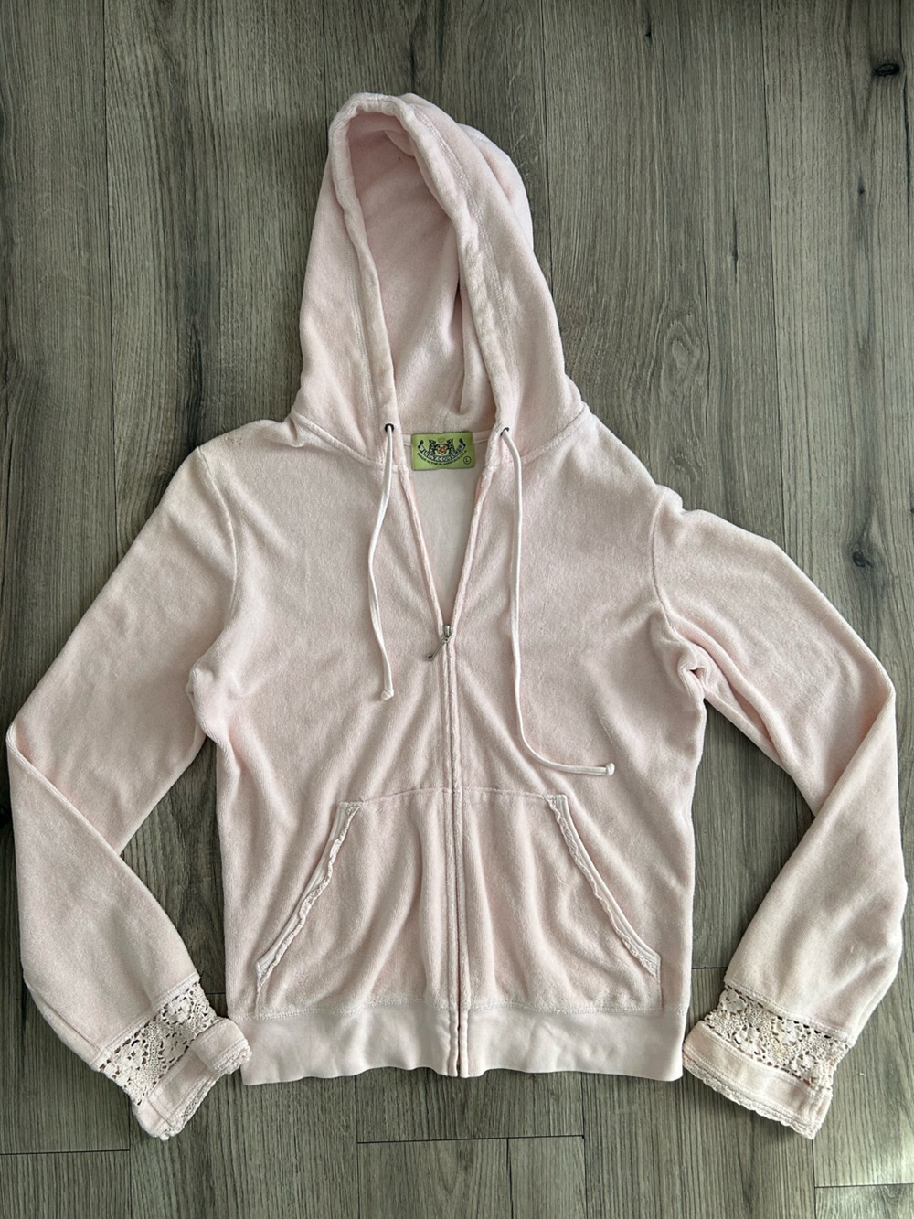 Vintage Y2K Juicy Couture Pale Pink Zip Hoodie with Lace Trim and Green Label L